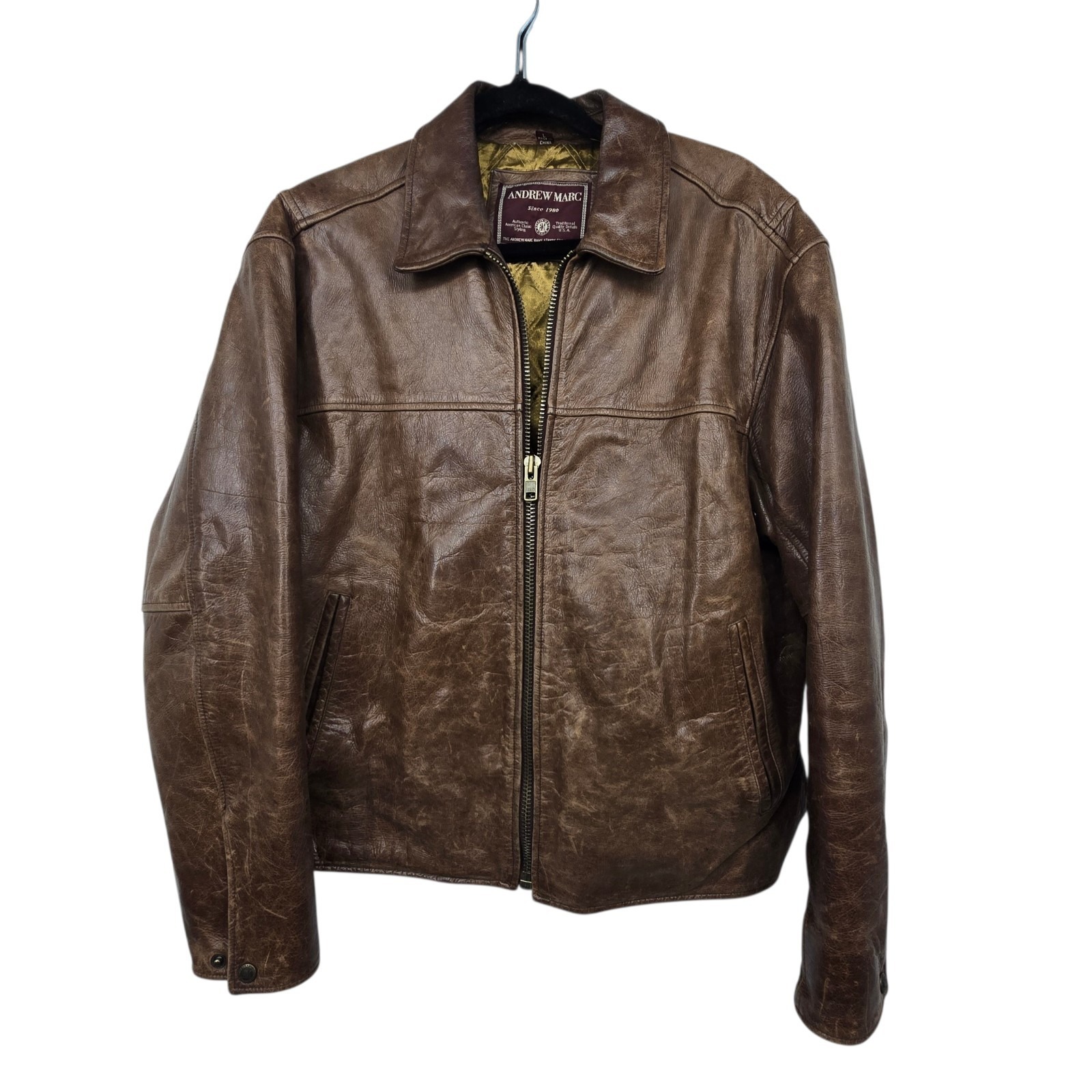 Vintage Y2k Andrew Marc Distressed Leather Bomber Jacket Mens Lg Brown Lined